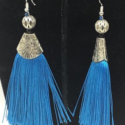 Teal blue E- Tassel earrings