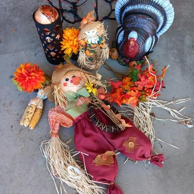 Fall Decorations - large ceramic Turkey and light up Pumpkin wish scarecrows and more in tote.