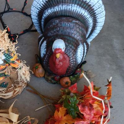 Fall Decorations - large ceramic Turkey and light up Pumpkin wish scarecrows and more in tote.