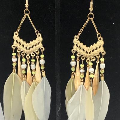 Yellow and white feather earrings