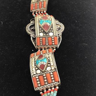Vintage Tibetan Silver Bangle Bracelet Cuff With Turquoise And Coral Gemstone