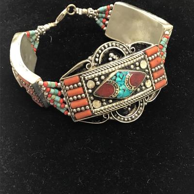 Vintage Tibetan Silver Bangle Bracelet Cuff With Turquoise And Coral Gemstone