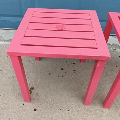Two metal HD Designs outdoor patio end tables with holes for Umbrellas