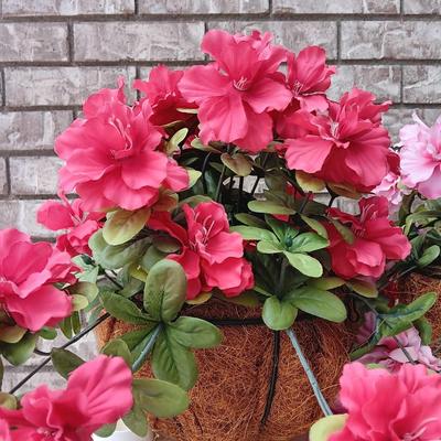 Three Faux flowers in metal mesh hanging baskets - flowers can be removed