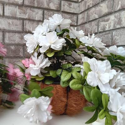 Three Faux flowers in metal mesh hanging baskets - flowers can be removed