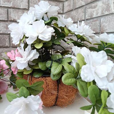 Three Faux flowers in metal mesh hanging baskets - flowers can be removed