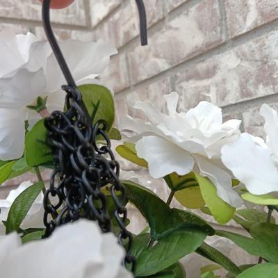 Three Faux flowers in metal mesh hanging baskets - flowers can be removed