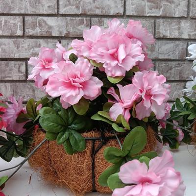 Three Faux flowers in metal mesh hanging baskets - flowers can be removed