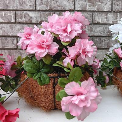 Three Faux flowers in metal mesh hanging baskets - flowers can be removed