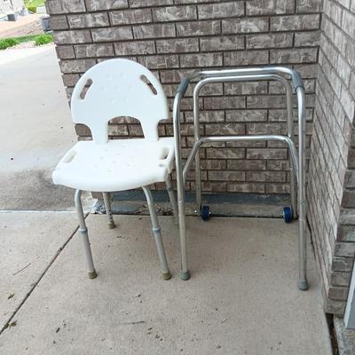Adjustable height shower chair with adjustable height mobility walker