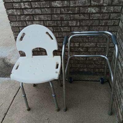 Adjustable height shower chair with adjustable height mobility walker