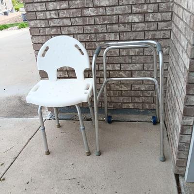 Adjustable height shower chair with adjustable height mobility walker