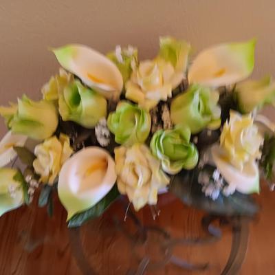 Metal base glass topped end / accent table with faux floral arrangement in a Decorative pot