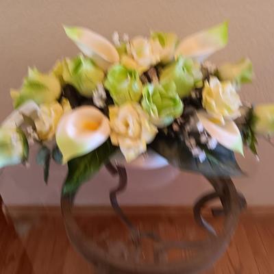 Metal base glass topped end / accent table with faux floral arrangement in a Decorative pot