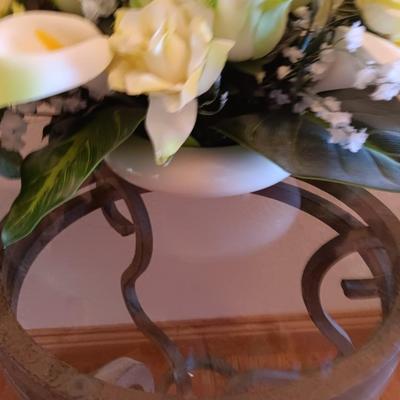 Metal base glass topped end / accent table with faux floral arrangement in a Decorative pot