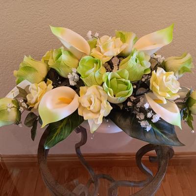 Metal base glass topped end / accent table with faux floral arrangement in a Decorative pot