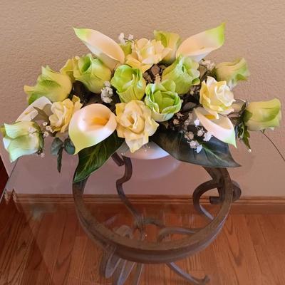 Metal base glass topped end / accent table with faux floral arrangement in a Decorative pot