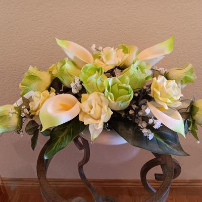 Metal base glass topped end / accent table with faux floral arrangement in a Decorative pot