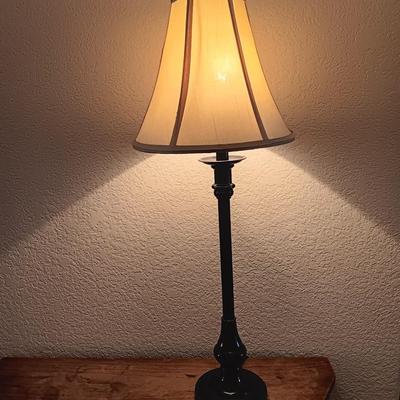 Antique wooden flat backed entry-way table with electric black accent lamp