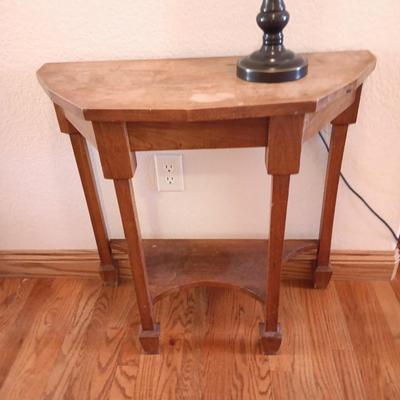 Antique wooden flat backed entry-way table with electric black accent lamp
