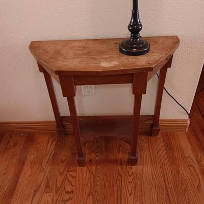 Antique wooden flat backed entry-way table with electric black accent lamp