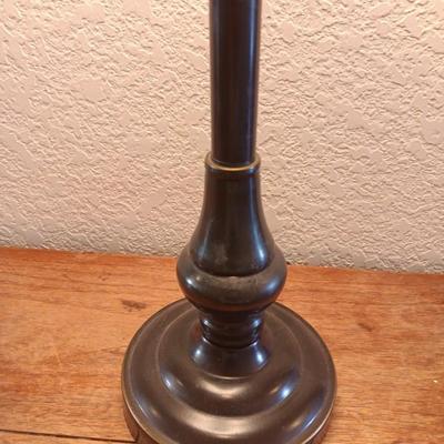 Antique wooden flat backed entry-way table with electric black accent lamp