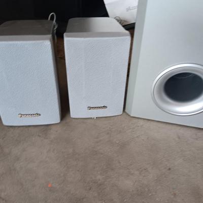TWO sets of surround sound speakers with 2 stands - Panasonic & Sony with Subwoofers