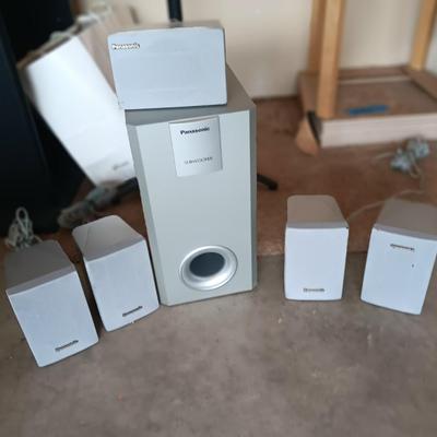 TWO sets of surround sound speakers with 2 stands - Panasonic & Sony with Subwoofers