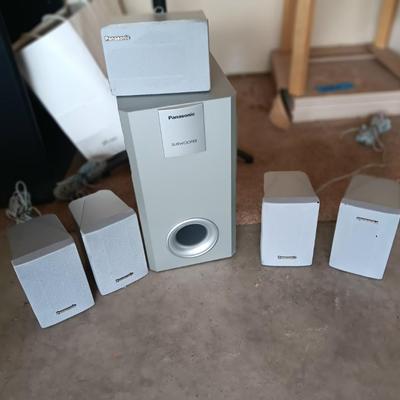 TWO sets of surround sound speakers with 2 stands - Panasonic & Sony with Subwoofers
