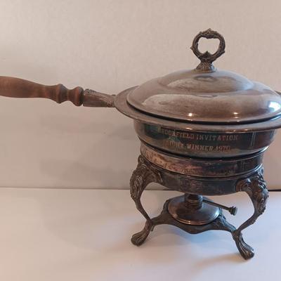Antique Sheridan Silver Unique TROPHY Fondue pot with original stand and burner - Brookfield invitation Flight winner 1970