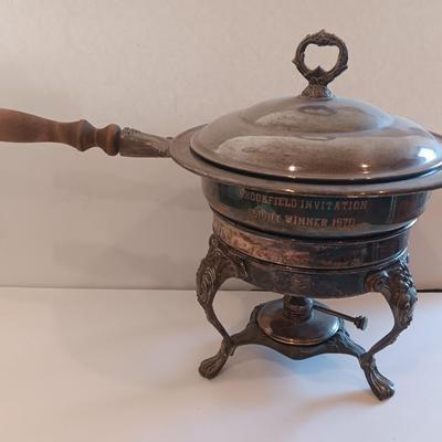 Antique Sheridan Silver Unique TROPHY Fondue pot with original stand and burner - Brookfield invitation Flight winner 1970
