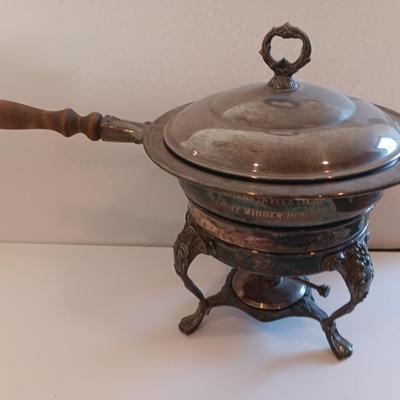 Antique Sheridan Silver Unique TROPHY Fondue pot with original stand and burner - Brookfield invitation Flight winner 1970