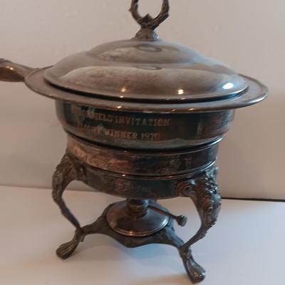 Antique Sheridan Silver Unique TROPHY Fondue pot with original stand and burner - Brookfield invitation Flight winner 1970