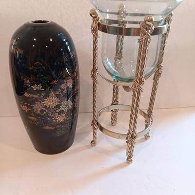 Black porcelain Asian themed accent vase with metal gold stand votive holder