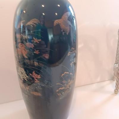 Black porcelain Asian themed accent vase with metal gold stand votive holder