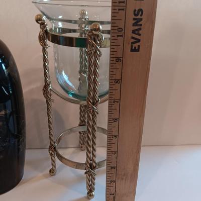 Black porcelain Asian themed accent vase with metal gold stand votive holder