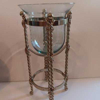 Black porcelain Asian themed accent vase with metal gold stand votive holder