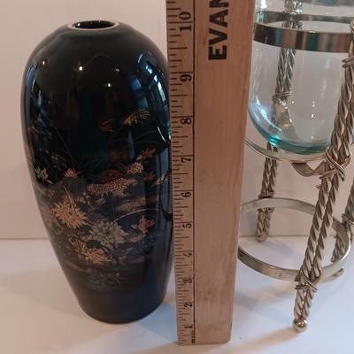 Black porcelain Asian themed accent vase with metal gold stand votive holder