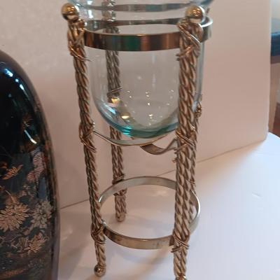 Black porcelain Asian themed accent vase with metal gold stand votive holder