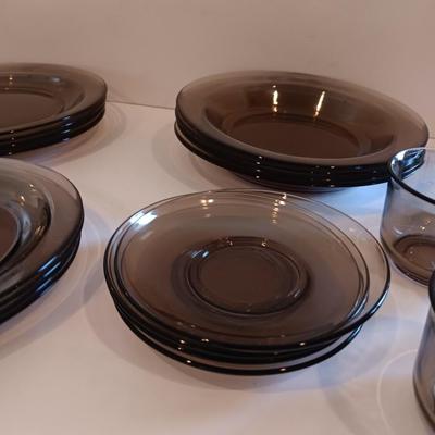 Vintage smoke glass VERECO France dinnerware set - complete setting for 4
