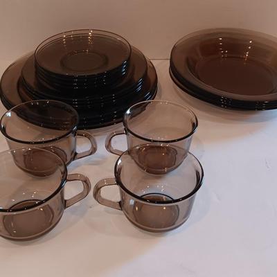 Vintage smoke glass VERECO France dinnerware set - complete setting for 4