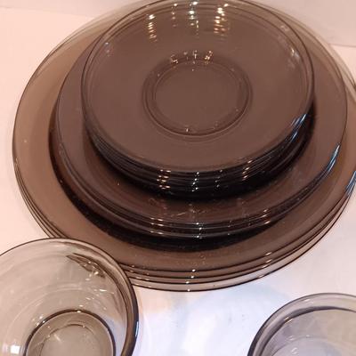 Vintage smoke glass VERECO France dinnerware set - complete setting for 4