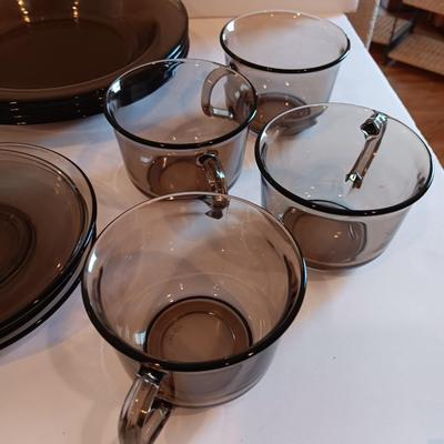 Vintage smoke glass VERECO France dinnerware set - complete setting for 4