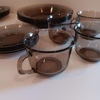 Vintage smoke glass VERECO France dinnerware set - complete setting for 4