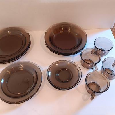 Vintage smoke glass VERECO France dinnerware set - complete setting for 4