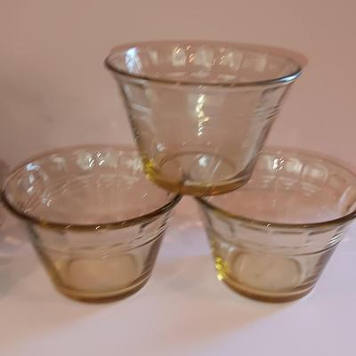 Vintage glass lidded candy dish - 8 amber glass custard cups and a silver-colored tiered platter.
