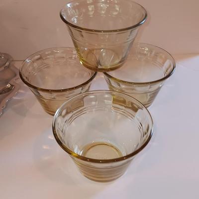 Vintage glass lidded candy dish - 8 amber glass custard cups and a silver-colored tiered platter.