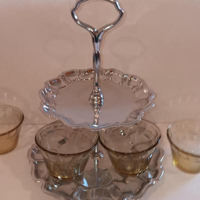 Vintage glass lidded candy dish - 8 amber glass custard cups and a silver-colored tiered platter.