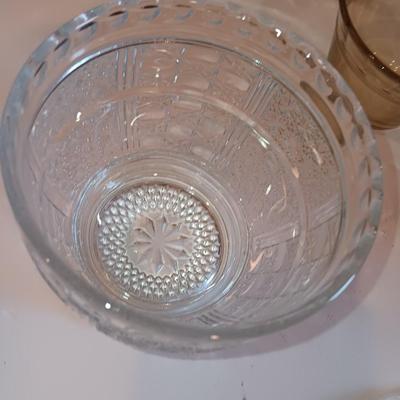 Vintage glass lidded candy dish - 8 amber glass custard cups and a silver-colored tiered platter.