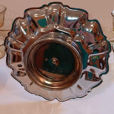 Vintage glass lidded candy dish - 8 amber glass custard cups and a silver-colored tiered platter.